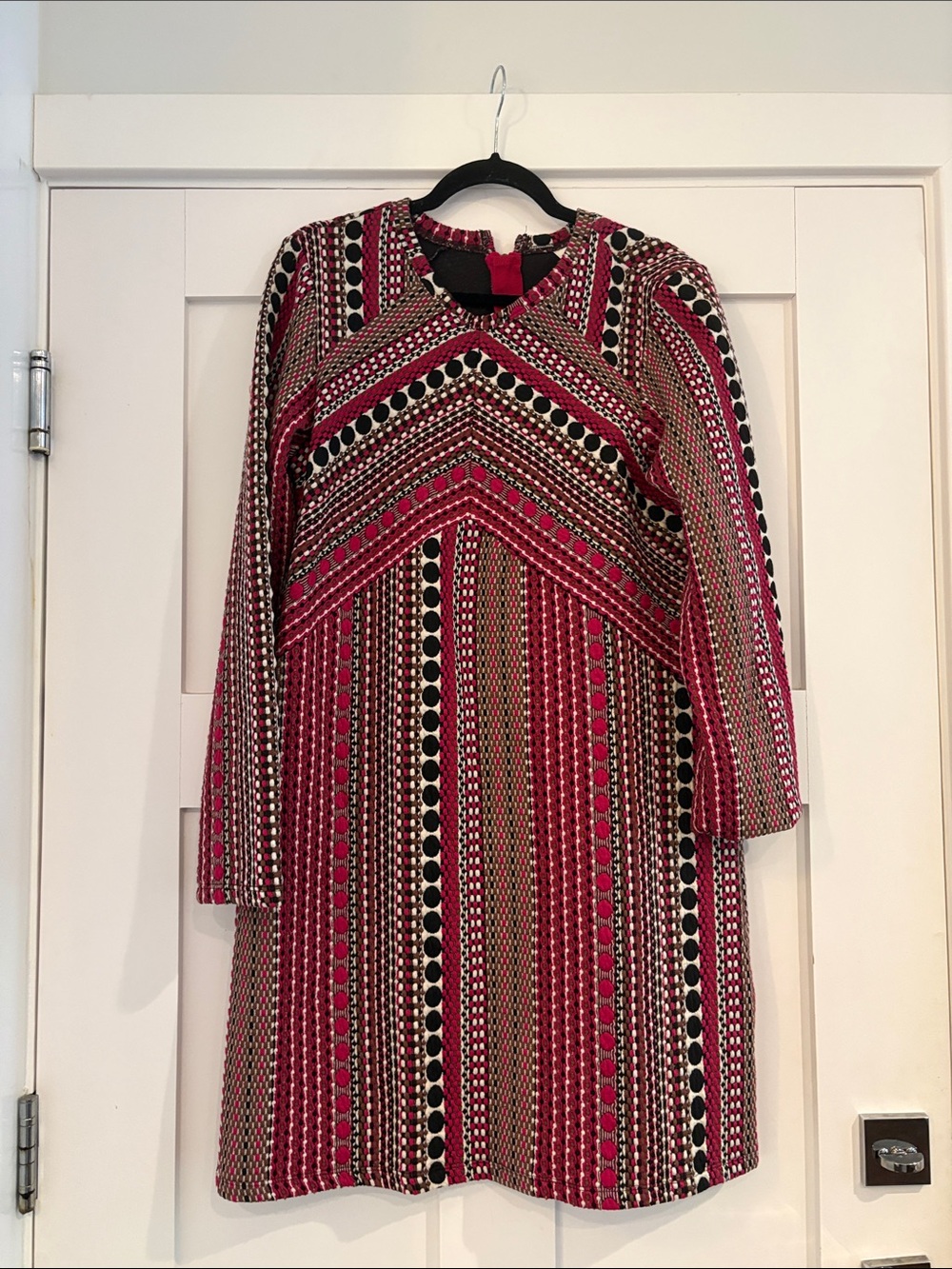 Anthropologie Red Black Cream Geo-Pattern Long-Sleeve Shift Dress